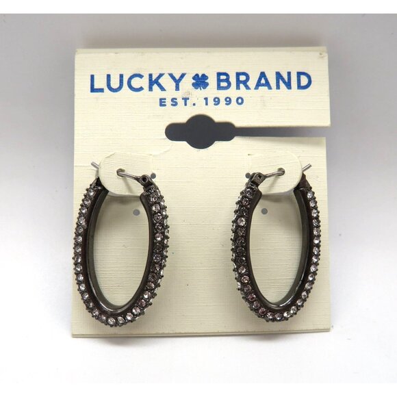 Lucky Brand Earrings Oval Crystal Encrusted Hoop Pierced Gunmetal Gray New - Picture 2 of 9
